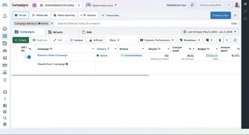 Ads Manager campaign report showing 159 website purchases
