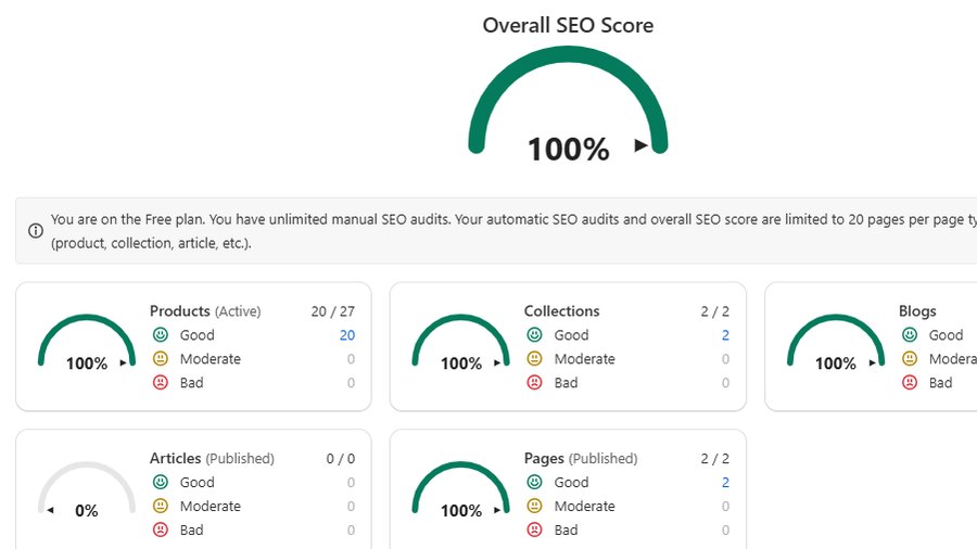 Smart SEO audit in Shopify showing an overall SEO score of 100 percent