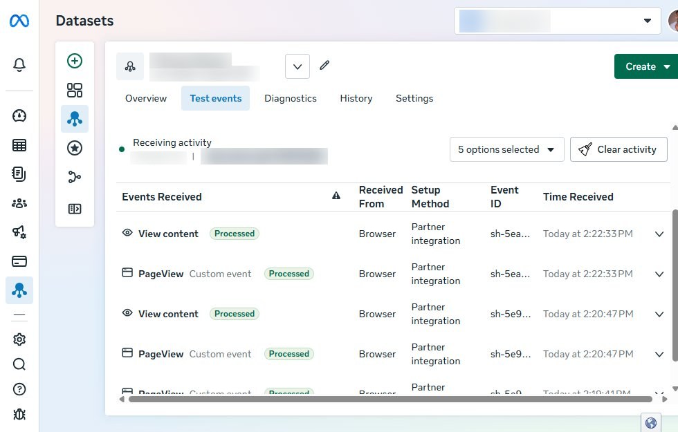 Meta dataset test events showing View content and PageView events from the store marked as processed