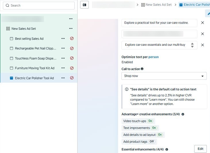 Ads Manager draft showing the the sales campaign, one ad set, product ads and ad copy variations