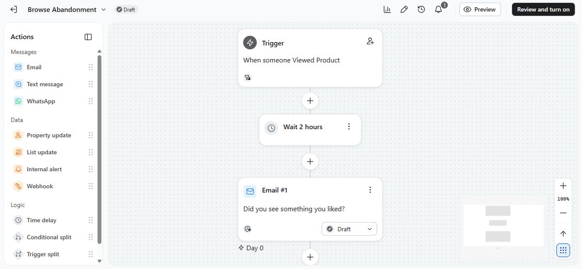 Klaviyo browse abandonment flow with a viewed product trigger, a 2-hour wait and a first email