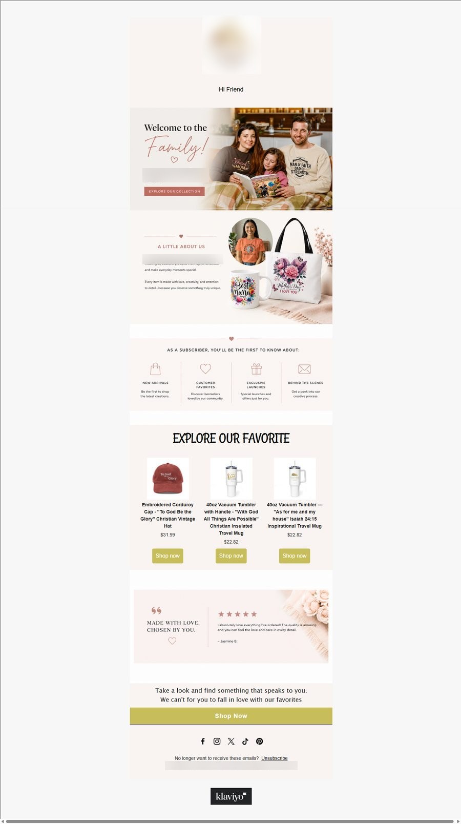 Welcome email with a family hero image, an about section and featured products