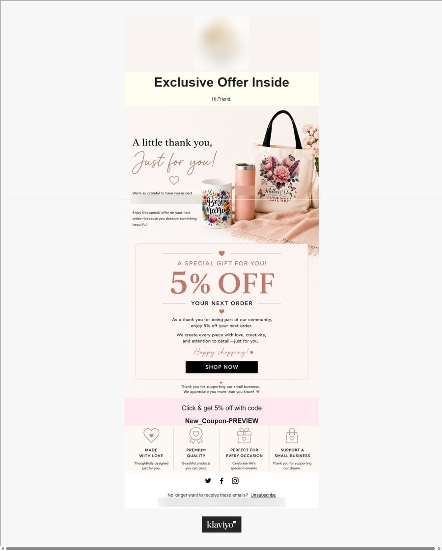Email offering 5 percent off the next order with a shop now button and brand trust icons