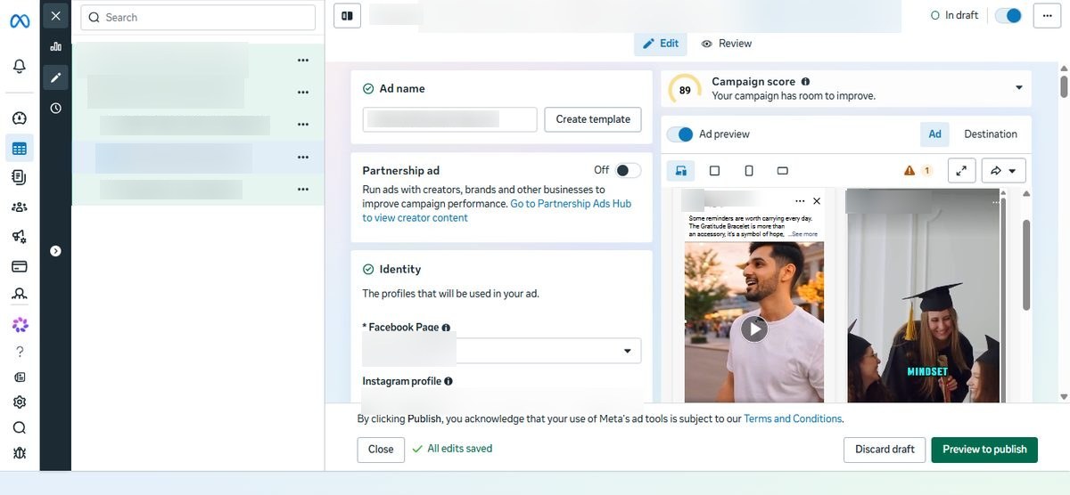 Ads Manager draft of a bracelet sales ad with ad name, identity settings and a video ad preview