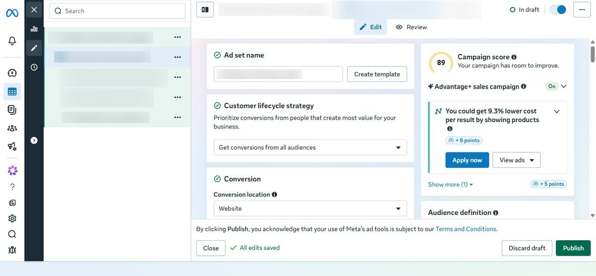 Ads Manager ad set draft for a sales campaign with three ads and conversion settings