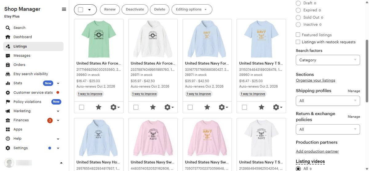 Etsy Shop Manager listings
