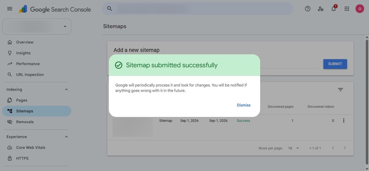 Sitemap submitted in Google Search Console